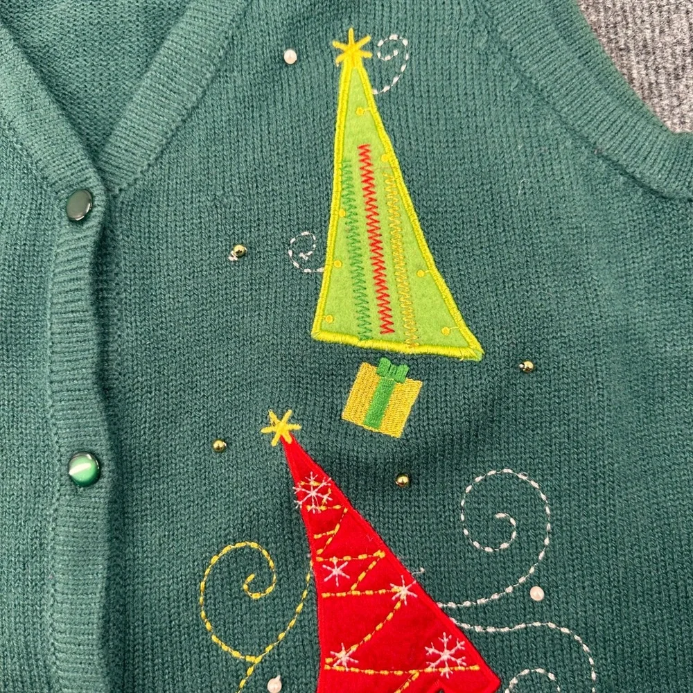 Y2K Christmas Sweater Vest Women M Embroidered Trees Present Green Holiday